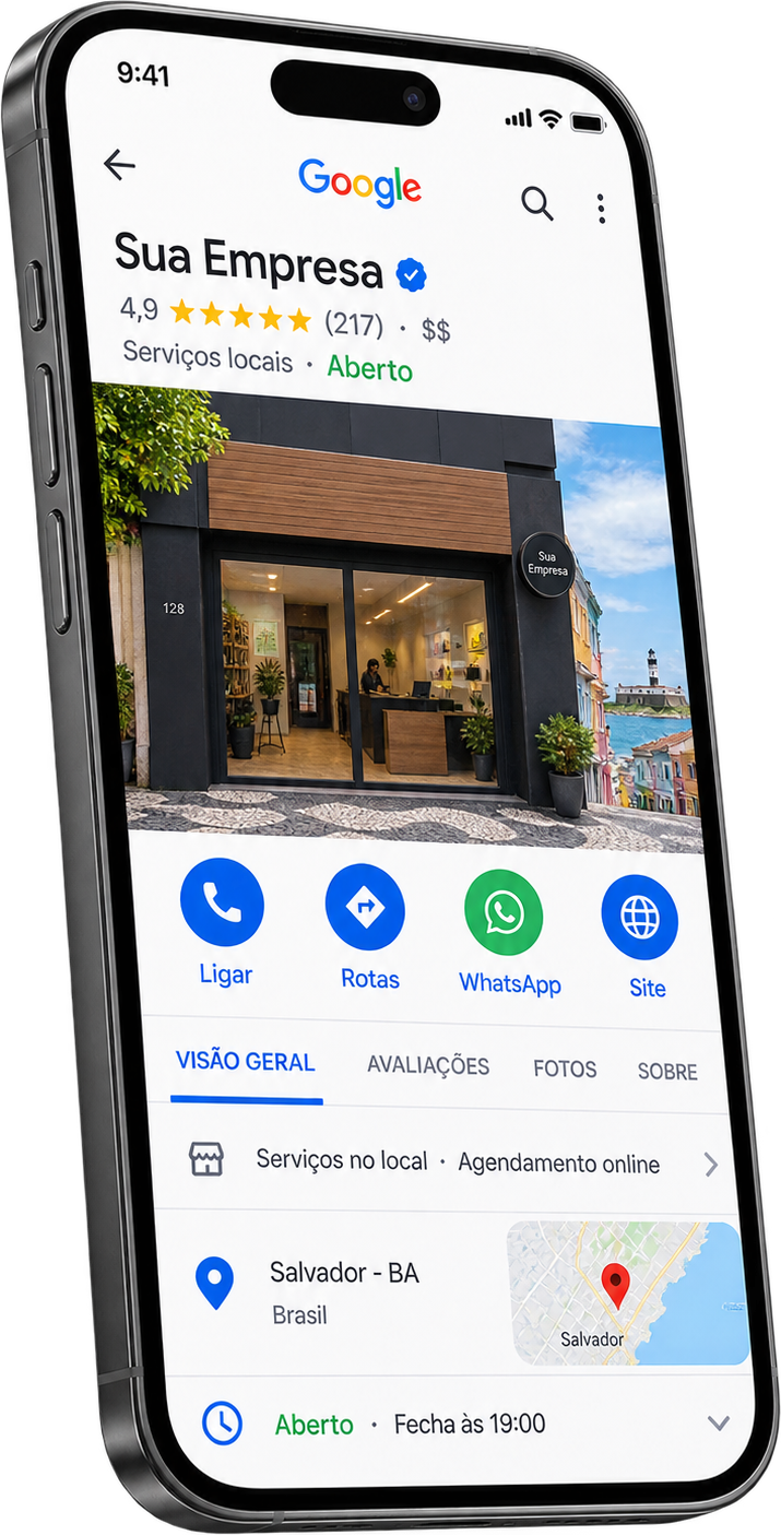 Mockup do Perfil da Empresa no Google em celular gerenciado pela TC BUSINESS